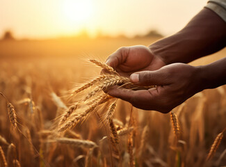 Golden Harvest: A Farmer's Hands Reaping Organic Rye in the Autumn Field under a Vibrant Sunset Sky