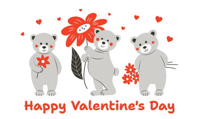 Cute bears and flowers. Postcard for Valentine's Day. Flat style. - 706459115