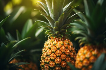 Fototapeta premium Close up pineapple isolated on black background, Pineapple slices with leaves, Generated AI