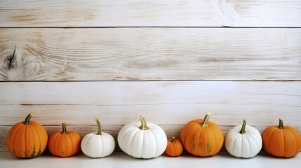 A group of pumpkins on a white color wood boards