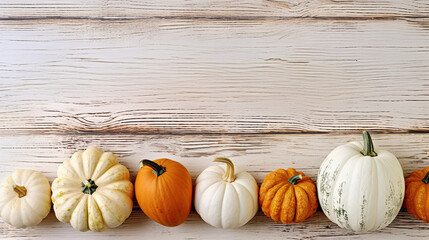 A group of pumpkins on a white color wood boards