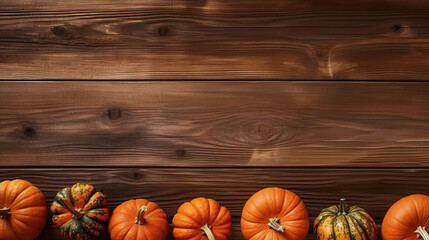 A group of pumpkins on a brown color wood boards
