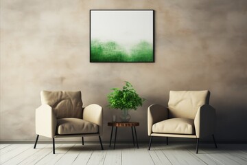 Cozy office interior with comfortable armchairs and lush green plant on table against beige wall