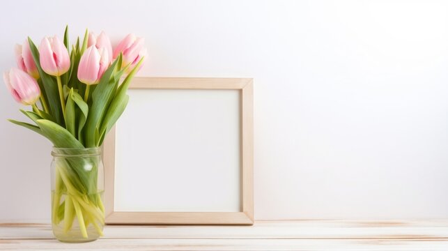 Happy Mother's Day concept celebration holiday background greeting card  - Bunch of pink tulips and empty wooden picture frame on wooden table texture