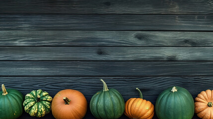 A group of pumpkins on a green color wood boards