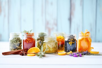 a variety of herbal teas and spices in mason jars - obrazy, fototapety, plakaty