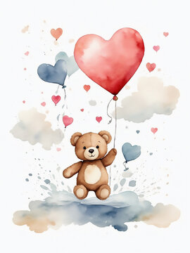Cute teddy bear holding colorful balloons, watercolor painting, Valentine's Day concept.
