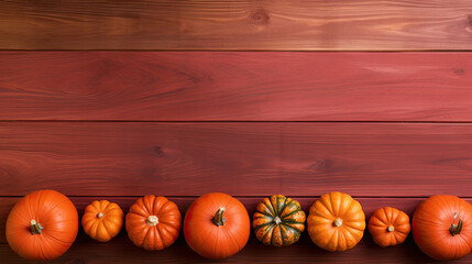 A group of pumpkins on a scarlet color wood boards