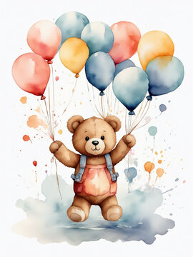 Cute teddy bear holding colorful balloons, watercolor painting, Valentine's Day concept.