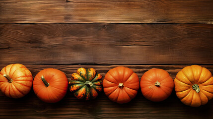 A group of pumpkins on a dark orange color wood boards