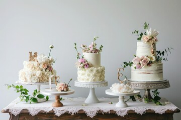 Boho cottage core style cake styles, surrounded by flowers and greenery on table, without text, big copy space.
