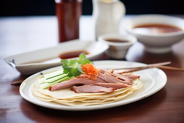 peking duck slices with pancakes and hoisin sauce