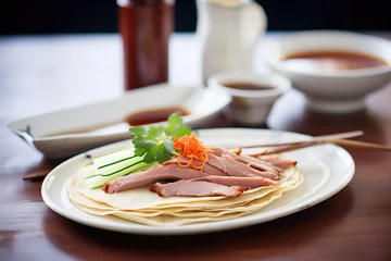 Printed kitchen splashbacks Beijing peking duck slices with pancakes and hoisin sauce