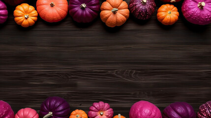 Obraz na płótnie Canvas A group of pumpkins on a dark magenta color wood boards