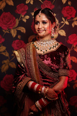 Indian bride portrait wearing kundan jewellery at designer lehenga