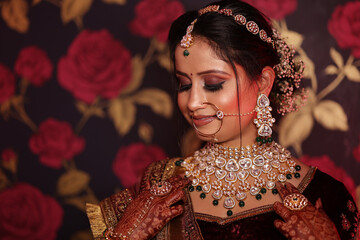 Portrait of beautiful indian bride wearing kundan jewellery at her wedding event,