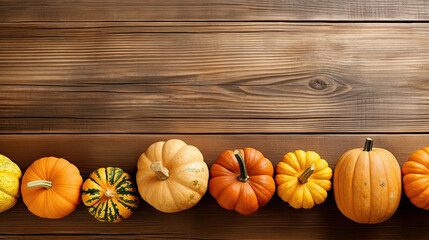 A group of pumpkins on a light brown color wood boards