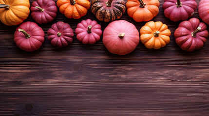 Obraz na płótnie Canvas A group of pumpkins on a light maroon color wood boards