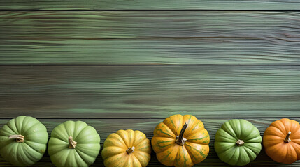A group of pumpkins on a light green color wood boards