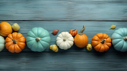 A group of pumpkins on a light cyan color wood boards