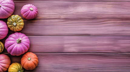 Obraz na płótnie Canvas A group of pumpkins on a light magenta color wood boards