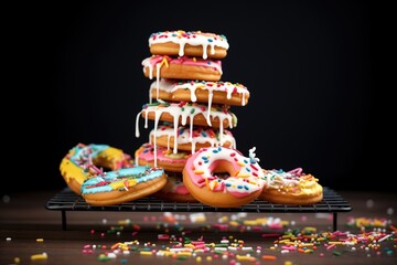pile of assorted donuts with colorful icing on a rack