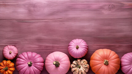 A group of pumpkins on a light magenta color wood boards