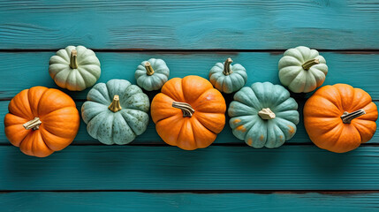 A group of pumpkins on a vivid cyan color wood boards