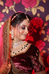 Portrait of elegant indian bride shy gesture