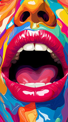 woman mouth with open lips painted with colorful paint with splashes. Artistic makeup poster. Sexy...