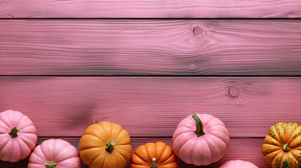 Obraz na płótnie Canvas A group of pumpkins on a vivid pink color wood boards