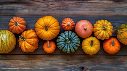 A group of pumpkins on a colorful color wood boards