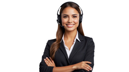 Portrait of a happy call center woman arms crossed isolated on a transparent background for consulting. Smile, customer support or service career with a young employee on PNG for telemarketing - obrazy, fototapety, plakaty