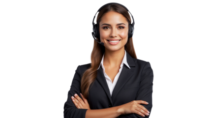 Portrait of a happy call center woman arms crossed isolated on a transparent background for consulting. Smile, customer support or service career with a young employee on PNG for telemarketing