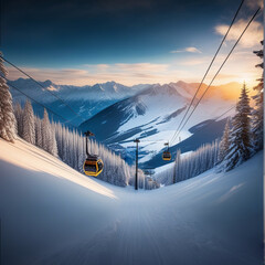 ski resort, sunset against the backdrop of snow-capped mountains and cable car gondolas