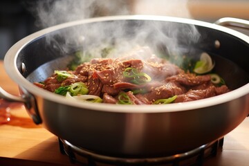 cooking beef teriyaki in a wok with steam rising