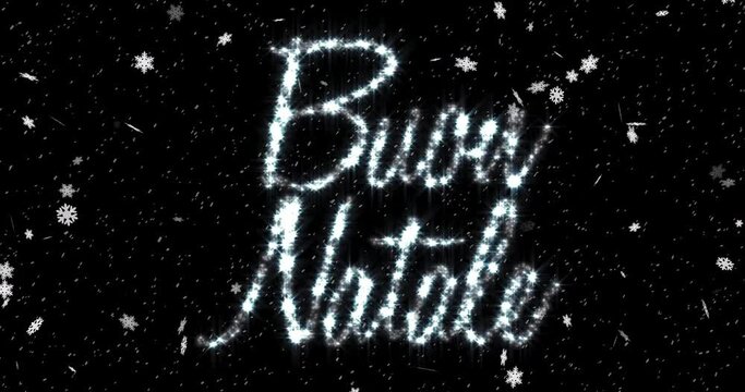 Animation of buon natale text over snow falling in winter scenery