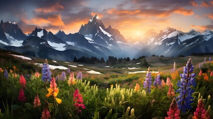 Beautiful panoramic view of alpine meadow and mountains at sunset - obrazy, fototapety, plakaty
