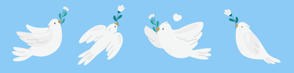 Wedding dove. Symbol of love. poster dove of peace.Modern trendy style. Hand drawn design for wallpaper, wall decor, print, postcard, cover, template, banner. Bird and twig symbol of peace and freedom