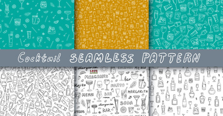 Collection of  seamless pattern with acoholic and non-acoholic cocktail, bottles and glasses. Great for decoration interior, print posters, banner, menu design, packaging. Doodle style. Hand drawn