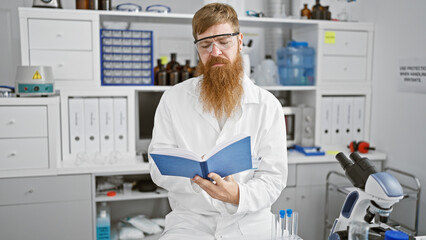Handsome young redhead man, serious scientist engrossed in reading research book, deep in thought...