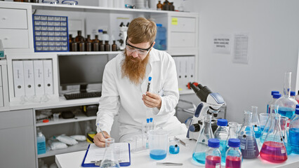 Handsome young redhead man working in laboratory, serious scientist with beard taking notes and analyzing test tube in research center - obrazy, fototapety, plakaty