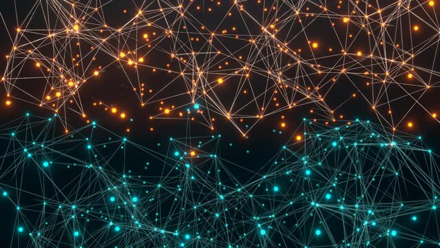 Two polygon networks in orange and blue. Abstract plexus, science, connections, wire, system and digital, geometry.