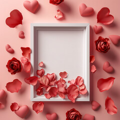 Blank white picture frame on roses, hearts and pink background 3d illustration. Backdrop scene for product display or advertisement.