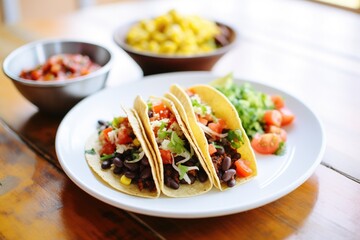 tacos with a side of spicy black bean and corn salsa - obrazy, fototapety, plakaty
