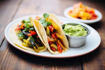 tacos with grilled veggies and a side of guacamole