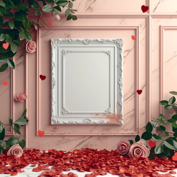 Blank white picture frame on wall with rose fore ground 3d illustration. Backdrop scene for product display or advertisement.