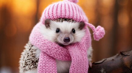a hedgehog wearing a pink knitted hat and scarf on a tree branch in the woods with a hedgehog in the background, generative ai