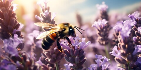 bee in lavender close-up - obrazy, fototapety, plakaty