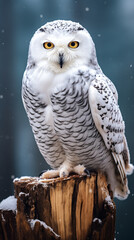 Snowy owl, Bubo scandiacus, isolated sitting on a wooden branch